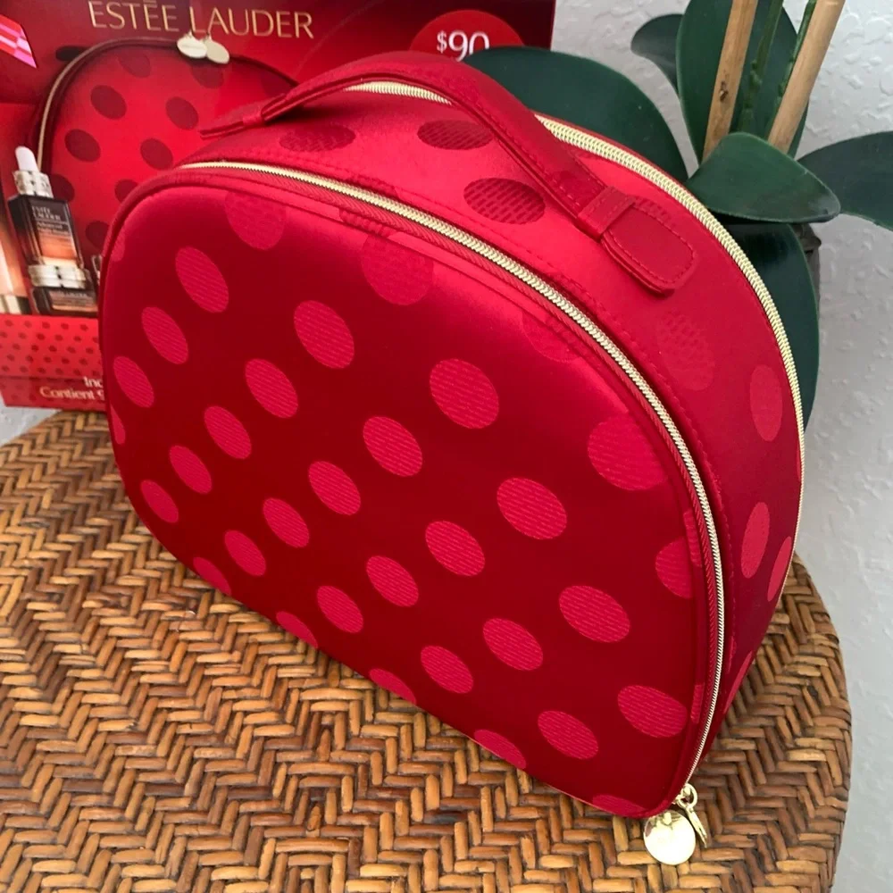 Estee Lauder Sateen Red Polka Dot Large Cosmetic Travel Case